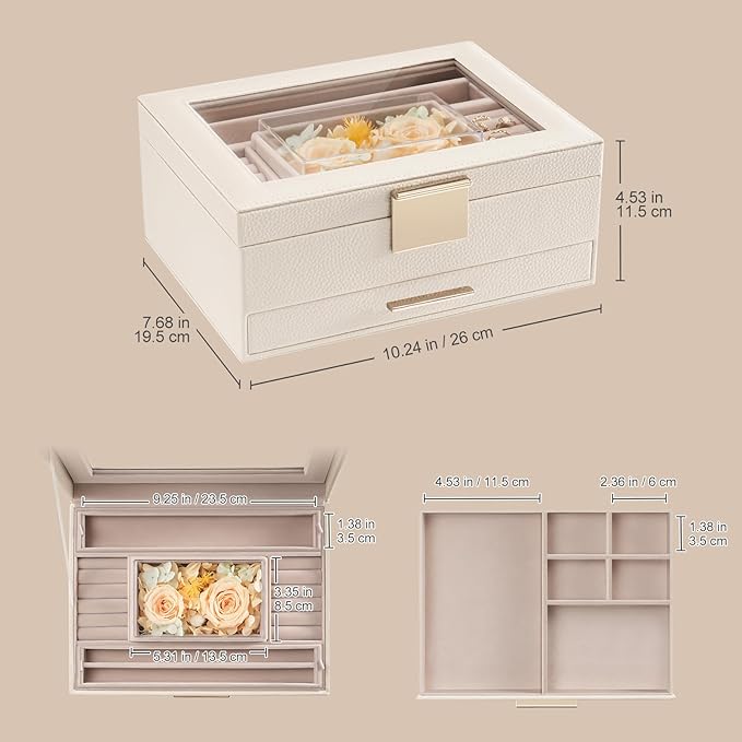 Lolalet Jewelry Organizer with Glass Lid, 2-Layer Jewelry Box Case with Drawer, Earrings Watch Ring Display Storage -Beige