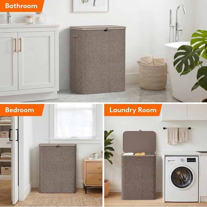 Lifewit 185L 3 Section Laundry Hamper with Lid, Large Laundry Basket with Handles and Removable Bags, Tall Clothes Hamper, Foldable Laundry Sorter for Bedroom Bathroom, Brown