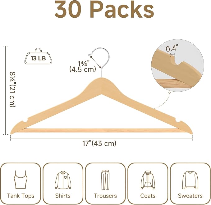 StorageWorks Clothes Hangers, Wooden Hangers 30 Pack for Closet, Wood Hangers for Coats, Shirts, Jackets, Pants, Suits, Natural Wood Color