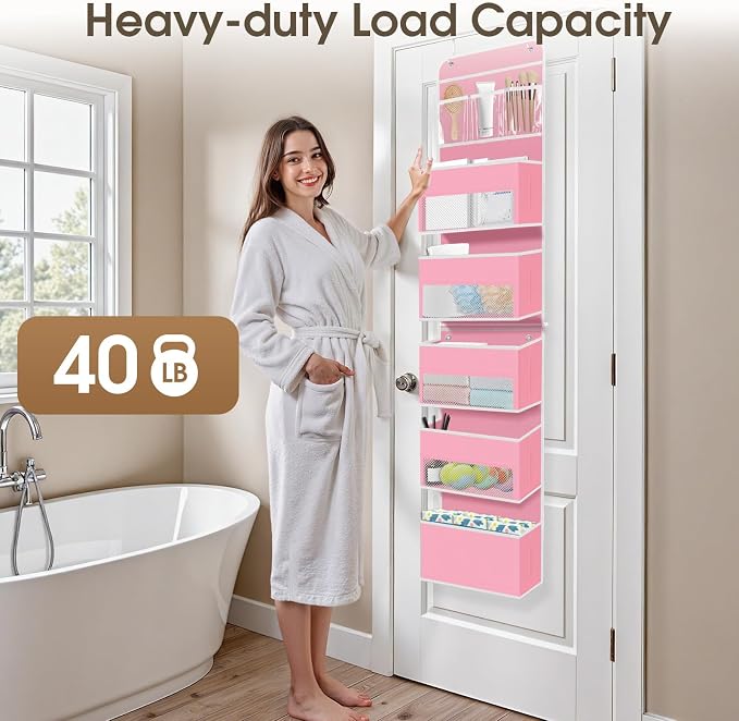 SpaceHacks 6-Tier Over The Door Organizer Hanging Storage Organizers with Clear Window 40lb Large Capacity Room Organizer for Pantry Bathroom Nursery Closet(Pink)