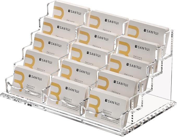 SANRUI Acrylic Multiple Business Card Holder Display for Desk, 15 Slots Business Card Stand, Clear Horizontal 5 Tier Business Card Holders, Holds 750-900 Cards