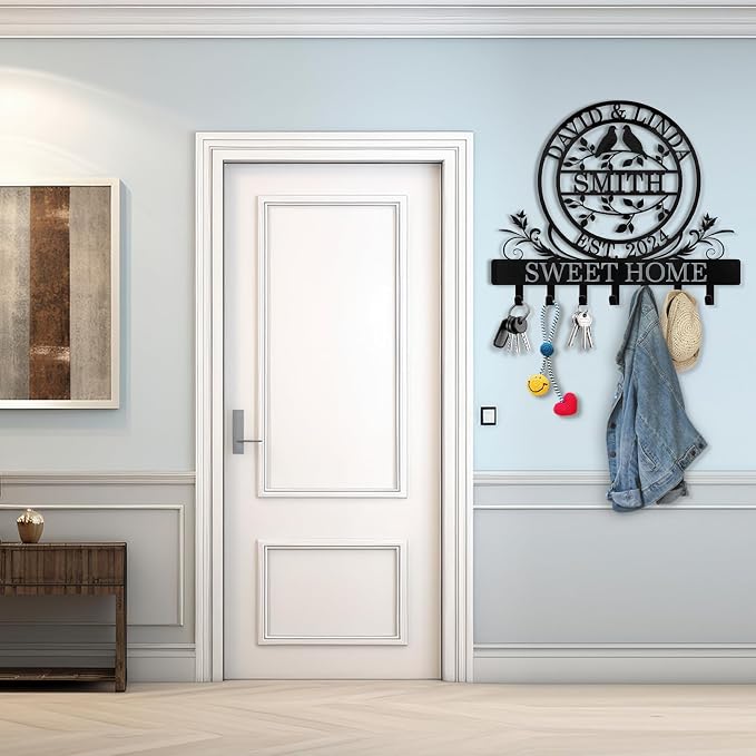 Dyoart Key Holder for Wall, Personalized Couple's Name Key Rack Coat Rack, Metal Key Holder Wall Mount for Housewarming Gifts, Key Hook Wall Hanging Bedroom Hallway Decor