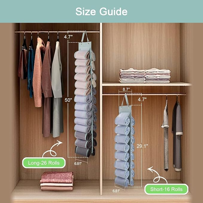 DHSFKBE Legging Organizer Storage - 2PCS T Shirt Organizer, Hanging Closet Organizers and Storage with 26 Roll Independent Compartments for Yoga Pants, Towel, Bathing Suit (Grey)