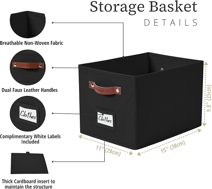 DECOMOMO Storage Bins, Large Fabric Baskets for Shelves, Black (4 Pack) | 15" x 11" x 9.9" foldable closet organizers and storage bins with labels & handles