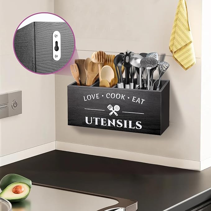 MINCORD Rustic Wooden Utensil Holder for Countertop - 4 Compartment Farmhouse Heavy-Duty Flatware Caddy & Silverware Organizer - Large Kitchen Decor for Spoons, Forks, Parties, Coffee Bar & RV