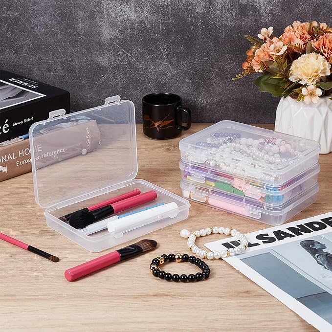 BENECREAT 5 Packs 6x4.3x1 Rectangle Large Clear Plastic Box Containers with Double Buckles for Cards, Safety Pins, Beads and Other Craft Office Supplies
