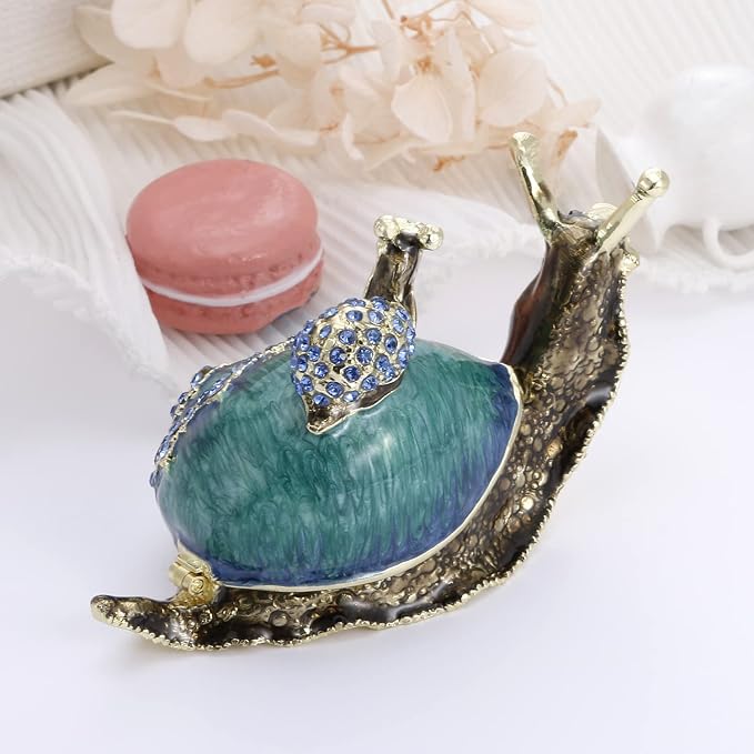 Hand Painted Animal Trinket Box for Home Decor, Hinged Jewelry Organizer Storage, Unique Personalized Collectible Keepsake Figurine Handmade Decorative Ornament Gifts (Snail)