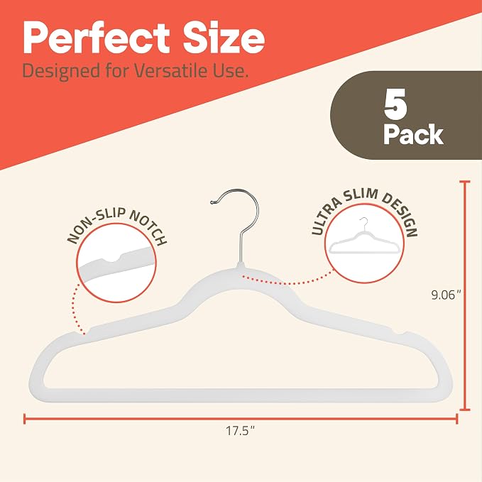 White Velvet Hangers 5 Pack – 360° Swivel Hook, Non-Slip and Space Saving Hangers, Heavy-Duty 11 lbs Weight Capacity - Smooth Velvet Finish for Crease-Free Clothes and Effortless Closet Organization