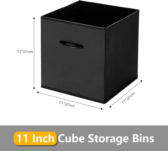 WUIKE 11-Inch Black Cube Storage Bins, Leather Front, 4-Pack | Cubby Organizer Baskets with Handles for Shelves, Closets, Clothes, Toys, Towels, and Blankets