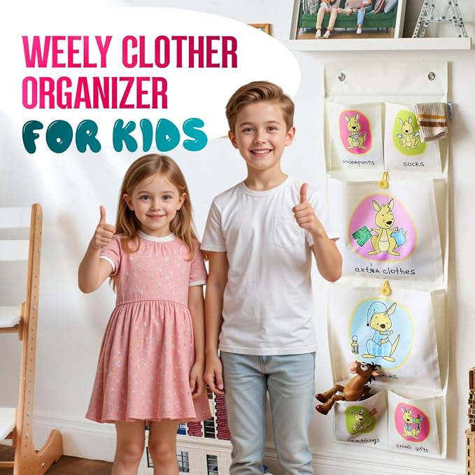 Cool-Stuff Kids Hanging Clothes Organizer – Over The Door Storage for Pajamas, Toys, Socks – Wall Mount Closet Organizer for Toddler, Preschool, Kindergarten – Water-Resistant, Beige, 44x14.5
