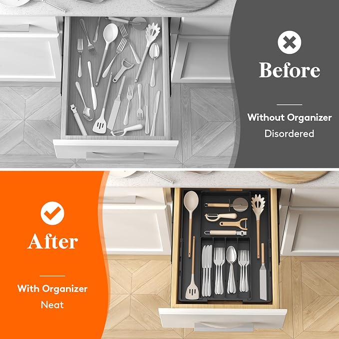 Lifewit Silverware Drawer Organizer, Expandable Utensil Tray for Kitchen, BPA Free Flatware and Cutlery Holder, Adjustable Plastic Storage for Spoons Forks Knives, 4-7 Slots, Black