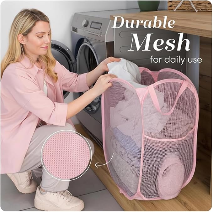Handy Laundry Collapsible Mesh Pop Up Laundry Hamper with Side Pocket, Breathable & Space-Saving Foldable Basket for Clothes, Toys, Travel, Storage, 14 x 13 x 24 in, Pink
