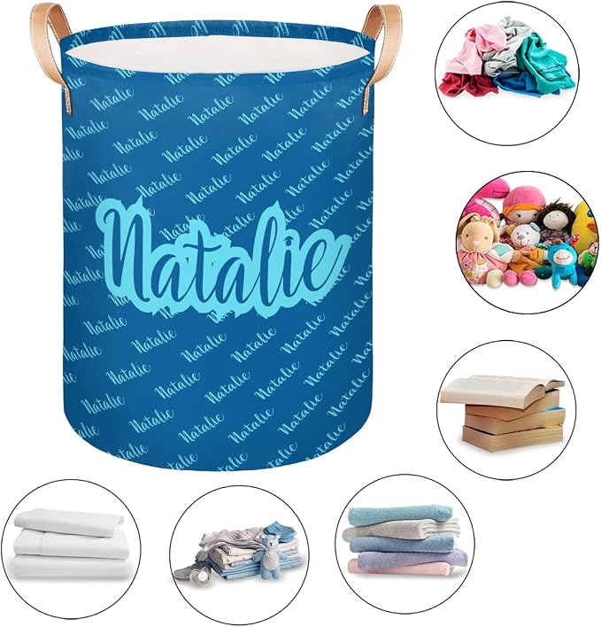 Personalized Laundry Basket, Custom Gift Laundry Hamper, Collapsible Nursery Waterproof Laundry Baskets, Dirty Clothes Toy Hamper with Handles Name Text Blue