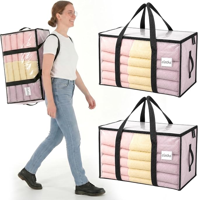 Velway Pack of 2 95 L Storage Bags, Heavy-Duty Christmas Warehouse, Transparent Moving Boxes, Large, Foldable, with Zip Handle, Waterproof Storage Bag for Moving Bedding, Clothing Storage