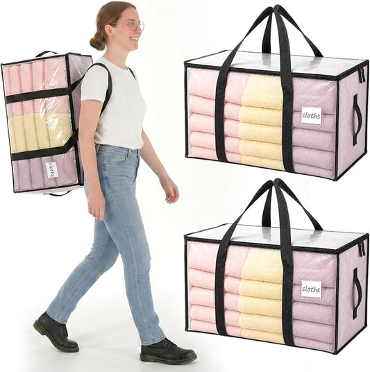 Velway Pack of 2 95 L Storage Bags, Heavy-Duty Christmas Warehouse, Transparent Moving Boxes, Large, Foldable, with Zip Handle, Waterproof Storage Bag for Moving Bedding, Clothing Storage