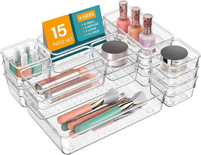 15 PCS Clear Plastic Drawer Organizers and Dividers, 4 Sizes Stackable Drawer Storage Bins and Organizer Trays for Bathroom, Kitchen, Office, Makeup, Vanity, Utensils, and Crafts