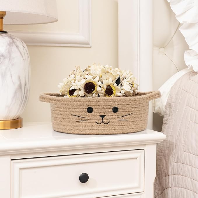 Small Storage Basket, Cute Baskets for Cat Toys, Woven Doy Toy Box Empty Gift Bin for Organizing, Jute, 9.8 x 4 inches