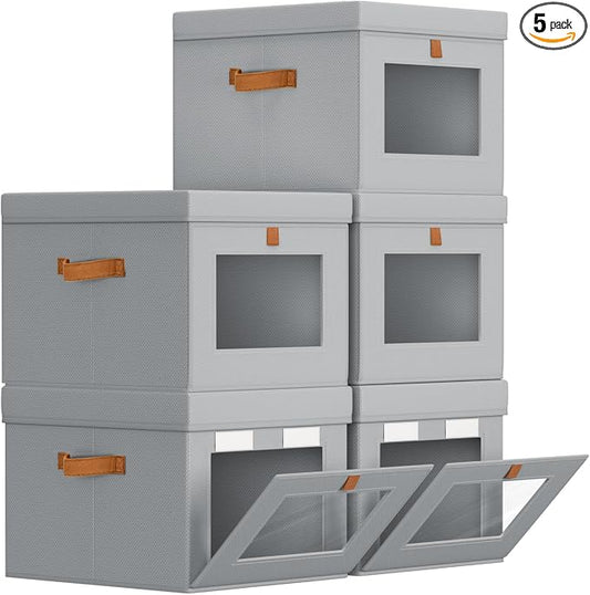 Homsorout Storage Bins with Lid – Closet Organizer with Side Opening and Clear Window, Foldable Stackable Fabric Basket for Clothes, Home, Office - 13.77" x 11.8" x 9.8", 5 Pack, Grey