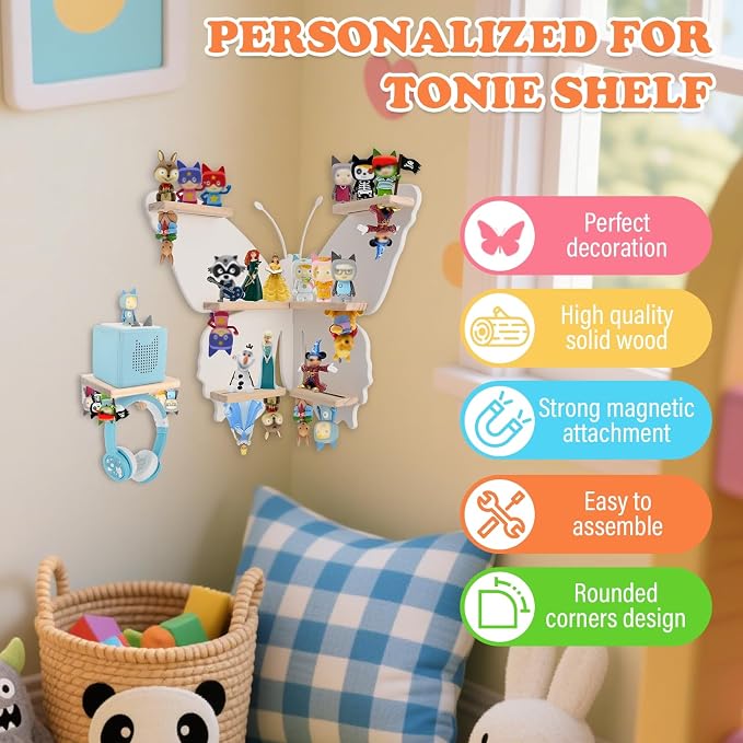 90°Butterfly for Tonies Box 1/2 Tonies Figures Organizer Storage Shelf Corner Wall Mounted, Magnetic Display Collection 30~40 Characters Floating Shelves Storage Player, Earphones
