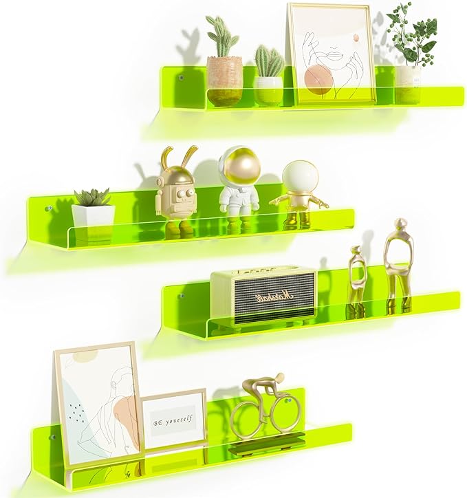 upsimples 4 Pcs 15" Acrylic Shelves for Wall Display, Fluorescent Green | Cute Floating Shelf for Perfume, Skincare, Nail Polish, Wall Organizer for Bedroom, Living Room, Playroom, Room Décor