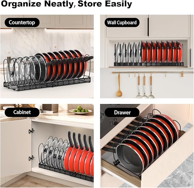 Housolution Pot and Pan Organizer Rack for Cabinet, Expandable Pot Lid Organizer Holder with 14 Adjustable Dividers, Fully Expanded Size 22.83" W x 7.09" D x 7.09" H, Black