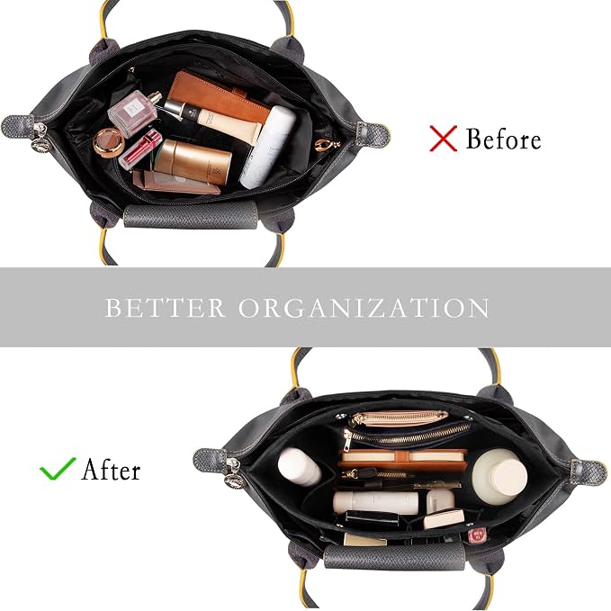 Vercord Purse Organizer Insert for Long champ Felt Organizer Insert with Zipper Handbag Insert Tote Shaper Storage Bag Black L