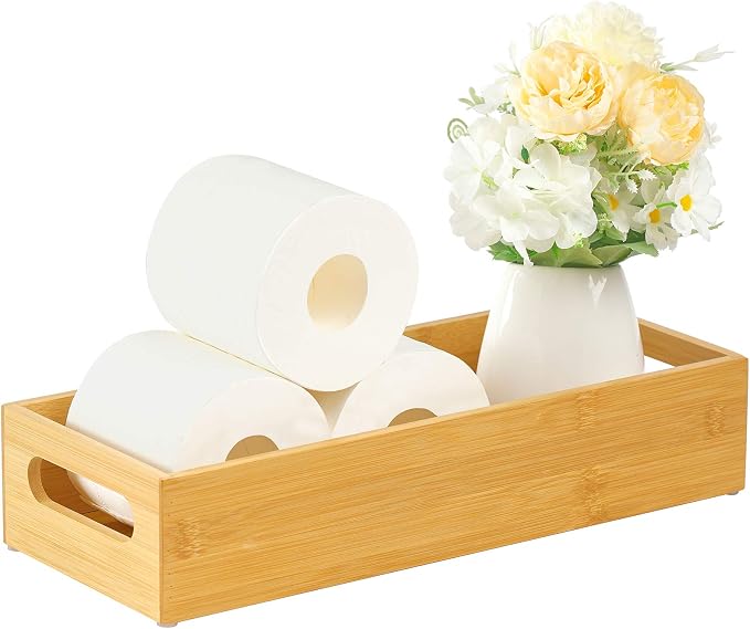 VITVITI Toilet Tray for Bathroom, Bamboo Toilets Paper Storage with Handles, Toilet Paper Tray Holder Organizer Basket for Top Tank/Kitchen Counter Natural,14.9x5.9 Inch