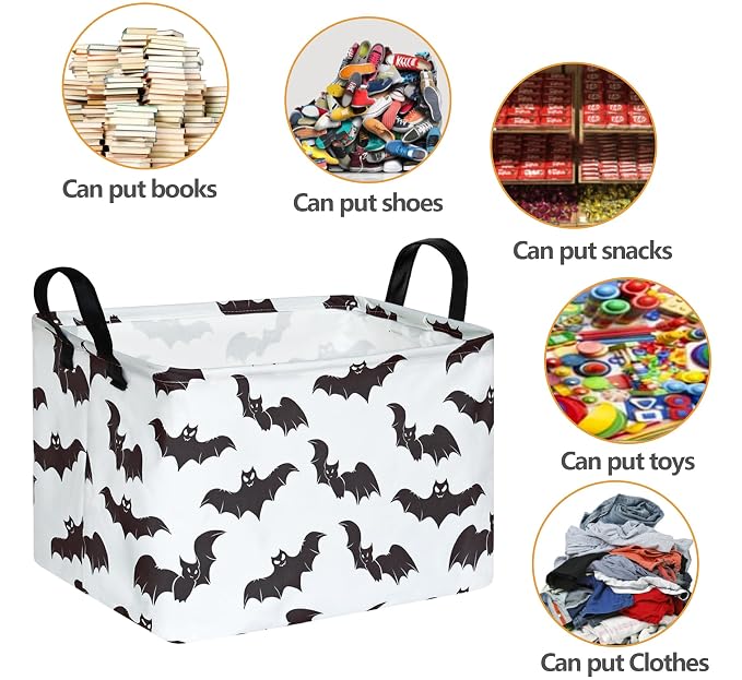 Halloween Bat Storage Basket with Handles Open Gifts&Candy Spooky Basket stuffers for Kids Baby Collapsible Women Organizer Bins Toys Boxes for Shelves Home Office