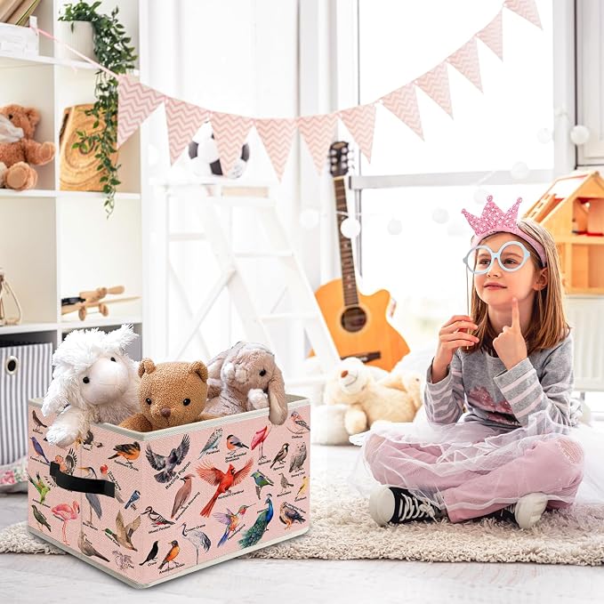 Pink Bird Storage Bin Box with Handles, Bird Lover Watcher Foldable Organizer Basket Toybox for Girls Bedroom Home Bathroom Clothes Toys Books