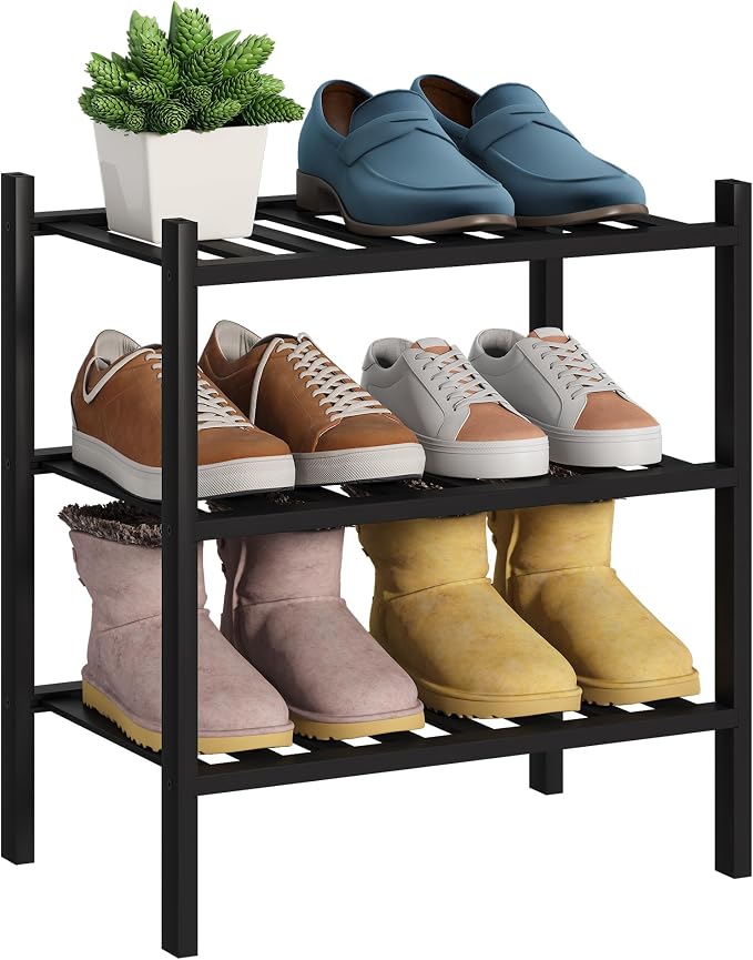 BMOSU 3-Tier Bamboo Small Shoe Rack Premium Stackable Shoe Shelf Storage Organizer for Hallway Closet Living Room Entryway Organizer (Black Bamboo)