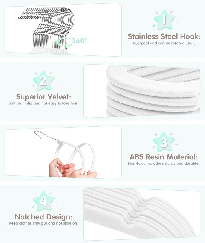 VIS'V Velvet Baby Hangers with 6 Pcs Size Dividers, 11 Inch, White, 50 Pcs | Compact Size, Non Slip, Infant Toddler Nursery Closet Organization
