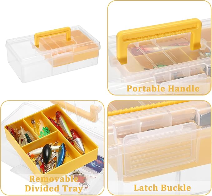 JUXYES Clear Art Craft Supply Storage Bin Sewing Box With Handle Lid | Plastic Carry Storage Box with Removable Tray, 2 Layers Portable Storage Case for Art Craft, Sewing, School Office Supplies