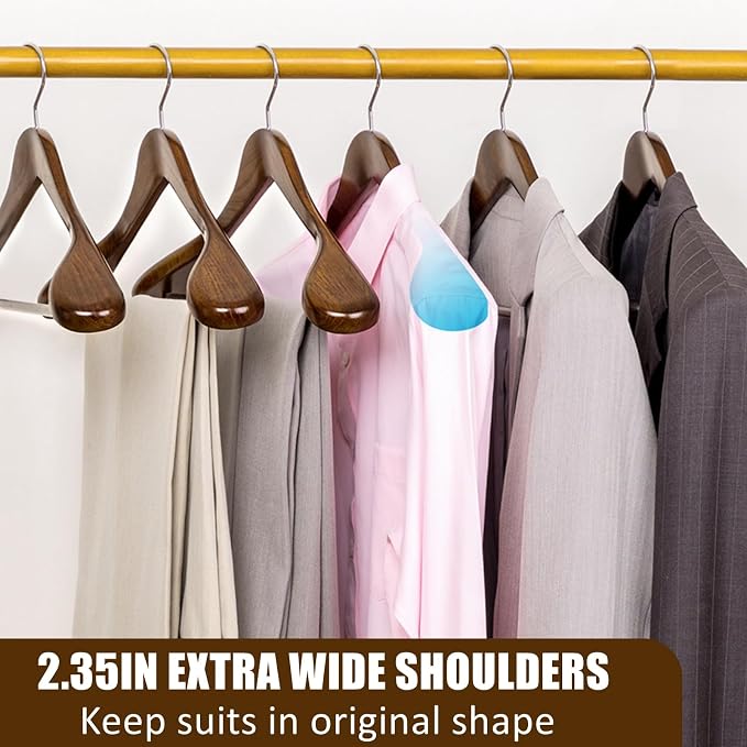 Amber Home 6 Pack Wide Shoulder Wooden Suit Hangers, Walnut | Walnut Wood Coat Hangers with Non Slip Pants Bar, Clothes Hangers for Jackets, Sweaters, Pants & Heavy Clothes