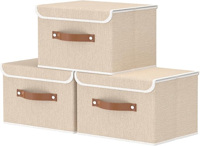 OUTBROS Storage Boxes, Bins with Lids, Beige, 3 Pack 10.2x7.9x6.7in | Cotton and linen cloth Storage Baskets with Handle, for Books, Closet, Bedroom, Home