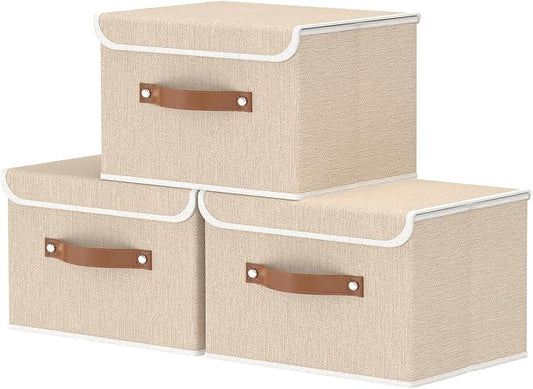 OUTBROS Storage Boxes, Bins with Lids, Beige, 3 Pack 10.2x7.9x6.7in | Cotton and linen cloth Storage Baskets with Handle, for Books, Closet, Bedroom, Home