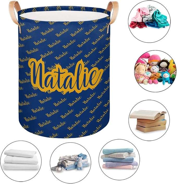 Personalized Laundry Basket, Custom Gift Laundry Hamper, Collapsible Nursery Waterproof Laundry Baskets, Dirty Clothes Toy Hamper with Handles Name Gold Blue