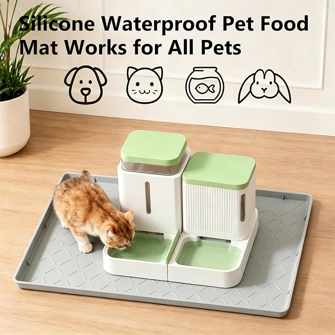 MateeyLife Silicone Mat Waterproof 12"X19", Ideal for Dog and Cat Food Mat, Dog Bowl Mats for Food and Water, Pet Placemat with Lip for Messy Drinkers to Protect Floor, Light Grey