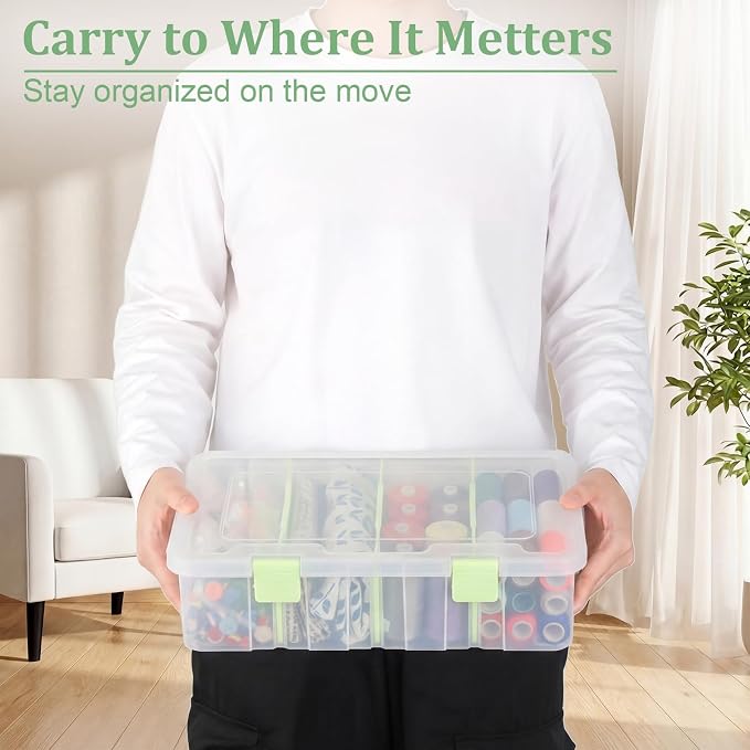 BTSKY Clear Plastic Dividing Storage Box with 4 Compartments Adjustable Storage Bin with Lid Plastic Craft Storage Container Multipurpose Sewing Box Art Supply Organizer, 13.3x8.1x3.4 Inches, Green
