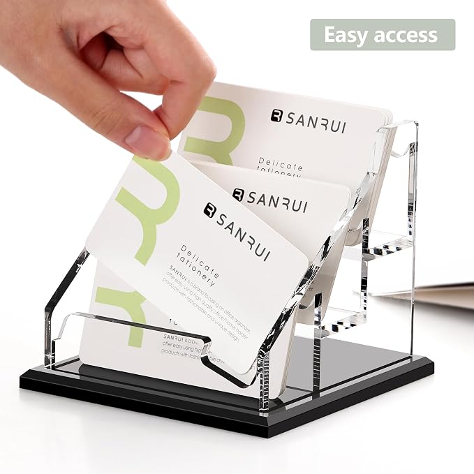 SANRUI Black Business Card Holder for Desk 3 Slot , Clear Acrylic Horizontal Name Card Stand for Women and Men, Desktop Organizer Display for Office Home Exhibition - 180 Card Capacity 1 Pack
