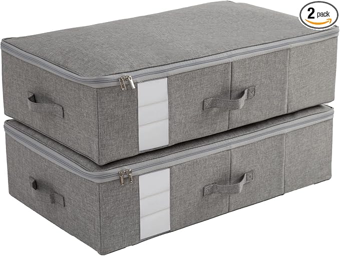 Under Bed Storage with Clear window/ 600D Sturdy Fabric, Underbed Storage Containers Bags for Clothes, Clothing, Blanket, Comforters (L（27.6x16.5x7in） for under bed storage, Light grey)