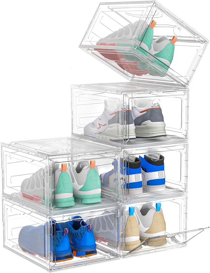 ARSTPEOE Upgrade Harder Solid Plastic Shoe Organizer, Shoe Storage with Magnetic Front Door, Shoe Rack 6 Pack Shoe Boxes Clear, Sneaker Storage, Shoe Organizer for Closet, Shoe Display Case, White