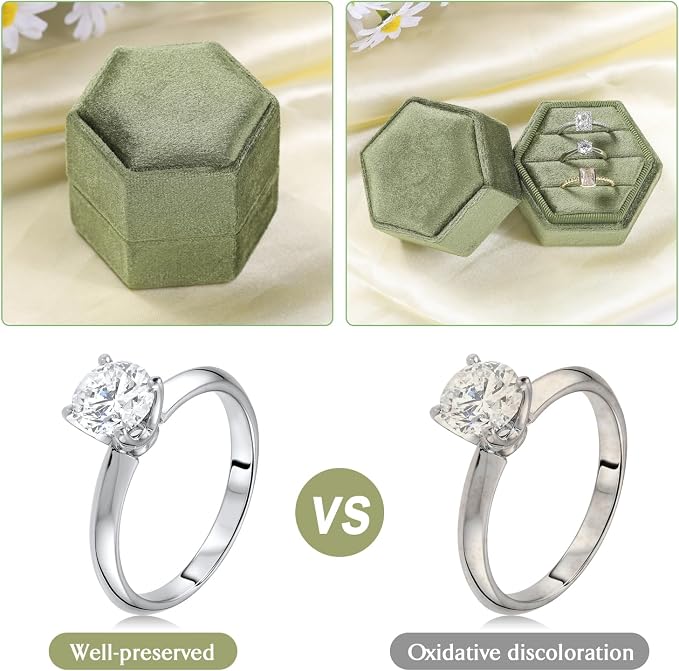 WantGor Velvet Jewelry Ring Box, 3 Slots Hexagon Ring Gift Box Ring Holder | Vintage Ring Display Case for Wedding Ceremony Proposal Engagement (Olive Green)
