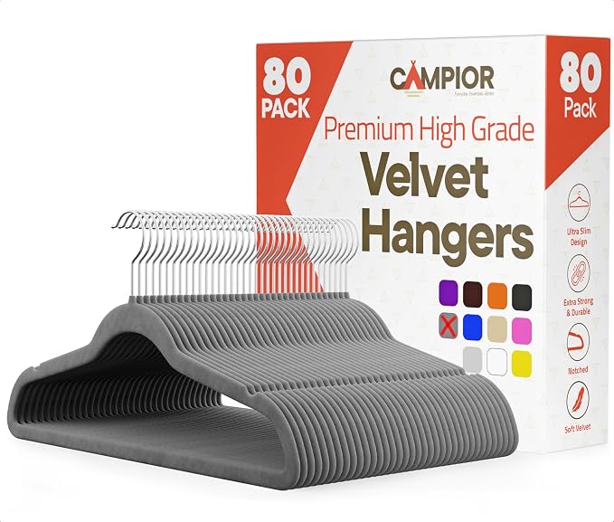 Gray Velvet Hangers 80 Pack – 360° Swivel Hook, Non-Slip and Space Saving Hangers, Heavy-Duty 11 lbs Weight Capacity - Smooth Velvet Finish for Crease-Free Clothes and Effortless Closet Organization