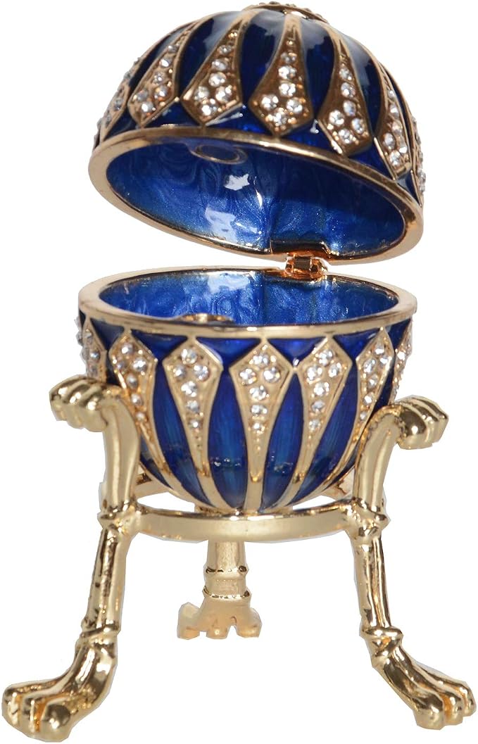 Blue Faberge Egg Trinket Box Jewelry Box Hand Painted Decorative Box with Hinged Lid Ring Earring Holder Easter Egg Collectible