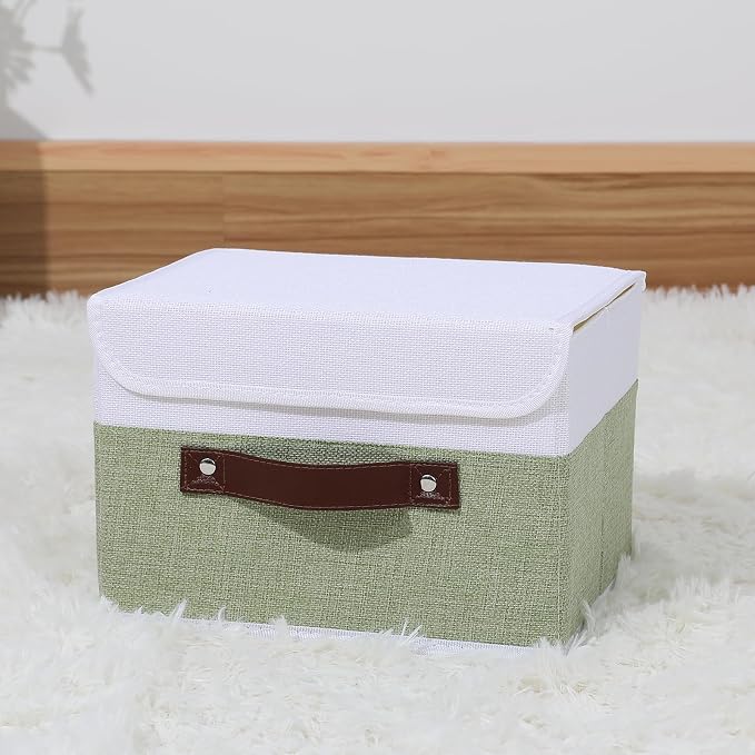 ANMINY Storage Boxes with Lids Washable Decorative Storage Bins Basket with PU Leather Handle Foldable Linen Fabric Storage Cubes Containers for Home Closet Organizer - Green White, Medium
