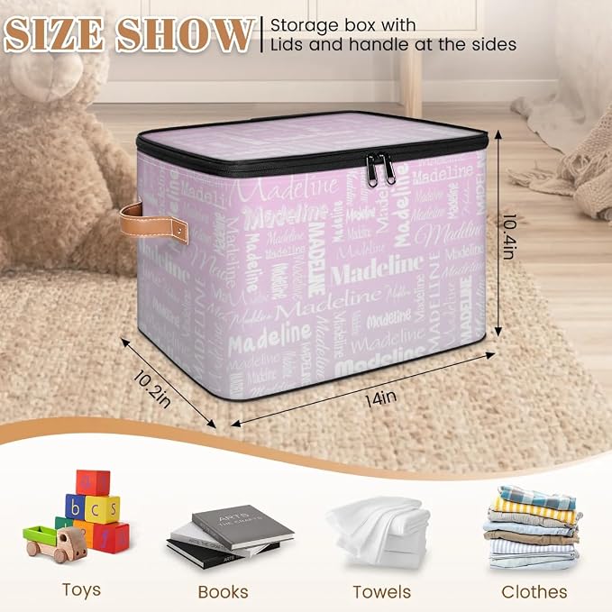 Custom Storage Basket with Name, Personalized Keepsake Box with Zipper Lid, Foldable Fabric Memory Bin Large capacity with Handle Grey Pink Gradient