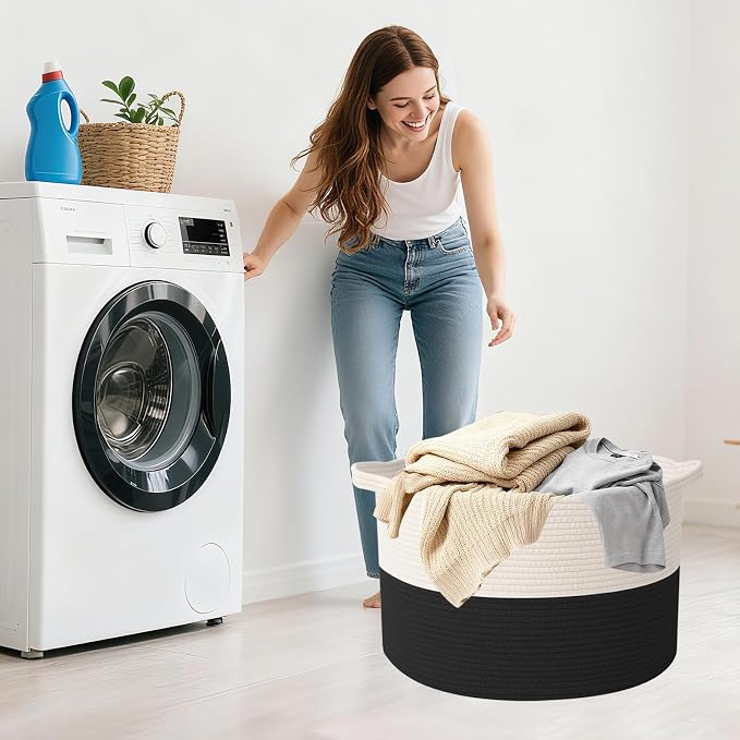 90L Extra Large Blanket Basket,Rope Woven Storage Basket with Handles, Laundry Hamper for Toys, Clothes, Pillows & Towels, Perfect for Living Room, Nursery & Bedroom,White&Black