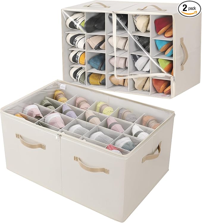 TOPIA HOME Shoe Organizer for Closet 2 Pack, Foldable Shoe Box with Adjustable Divider and Clear Cover, Space Saving Shoe Storage Organizer Cabinet with Reinforced Handles, Fits 40 Pair, Beige, TP11Y