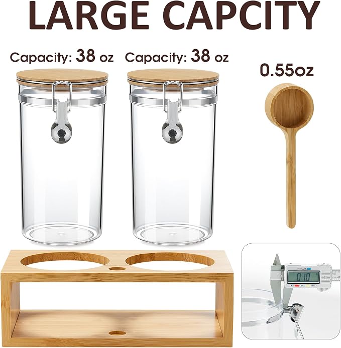 Yangbaga 2Pcs Coffee Sugar Canisters with Shelf, 38OZ Plastics Storage Containers for Ground Coffee Bean Storage with Lid Airtight Locking Clamp and Coffee Scoop, Food Storage Jar for Kitchen
