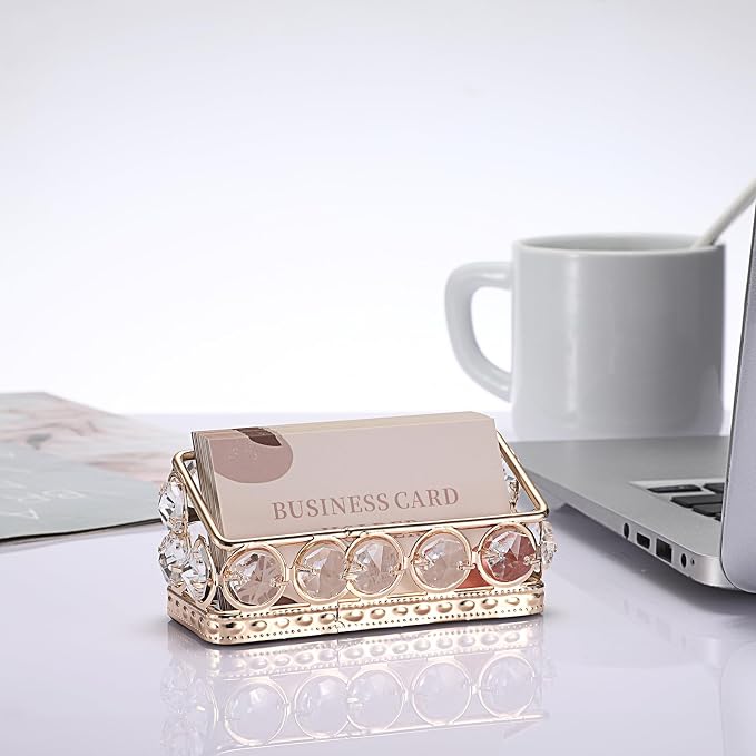 Hipiwe 2 Packs Crystal Business Card Holder with Gold Metal for Office Desk | Bling Business Card Display Stand for Women, Name Cards Storage Organizer with Mirror Base